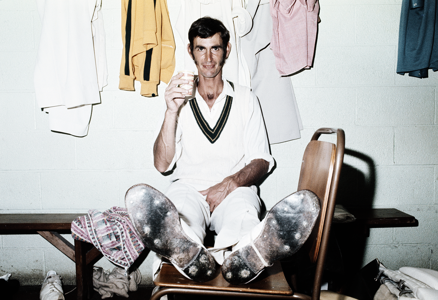 Ian Redpath sits with his feet up and enjoys a drink in the dressing room after his Player-of-the-Match performance