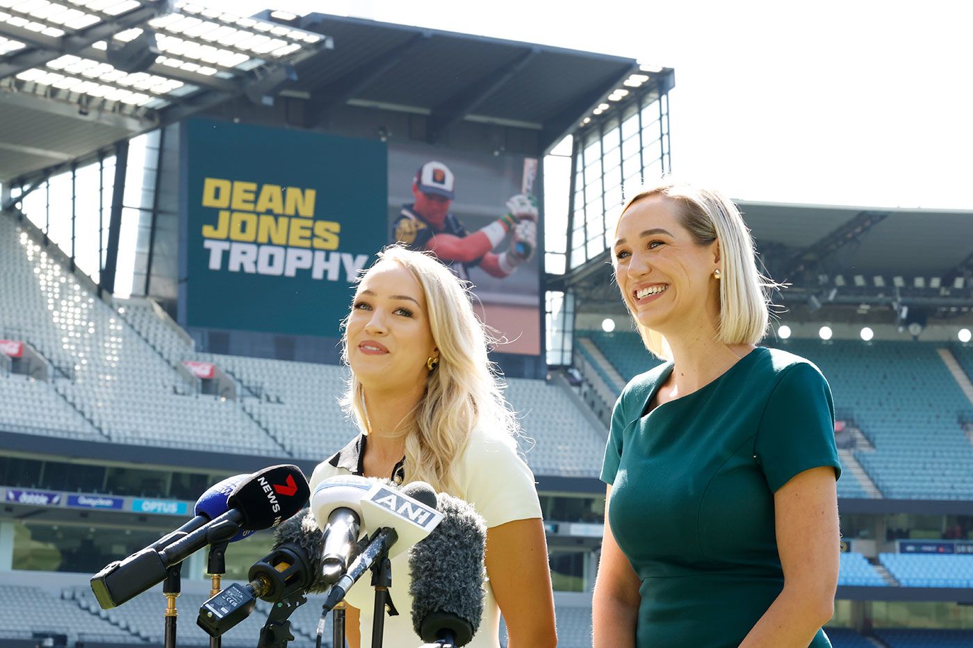 Augusta and Phoebe Jones speak at the unveiling of the Dean Jones Trophy