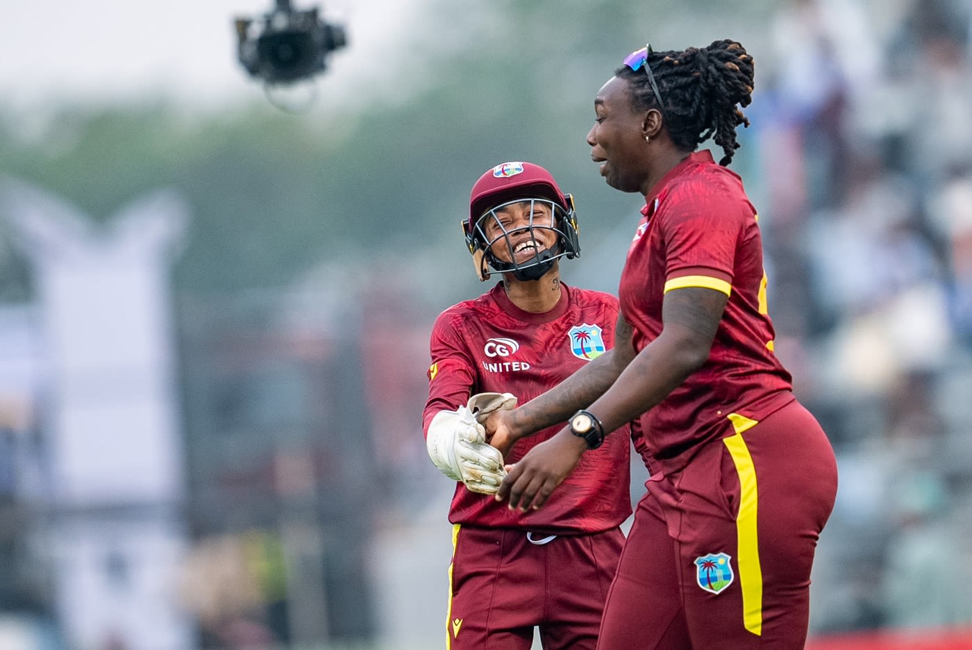 Shamilia Connell and Shemaine Campbell celebrate Richa Ghosh's dismissal