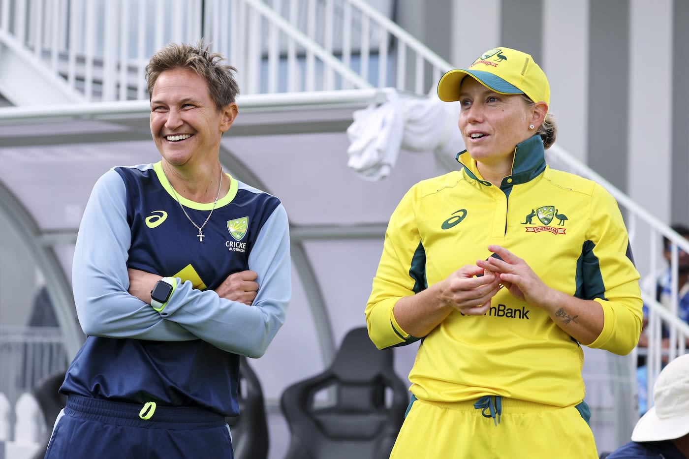 Coach Shelley Nitschke and captain Alyssa Healy are all smiles after the series win