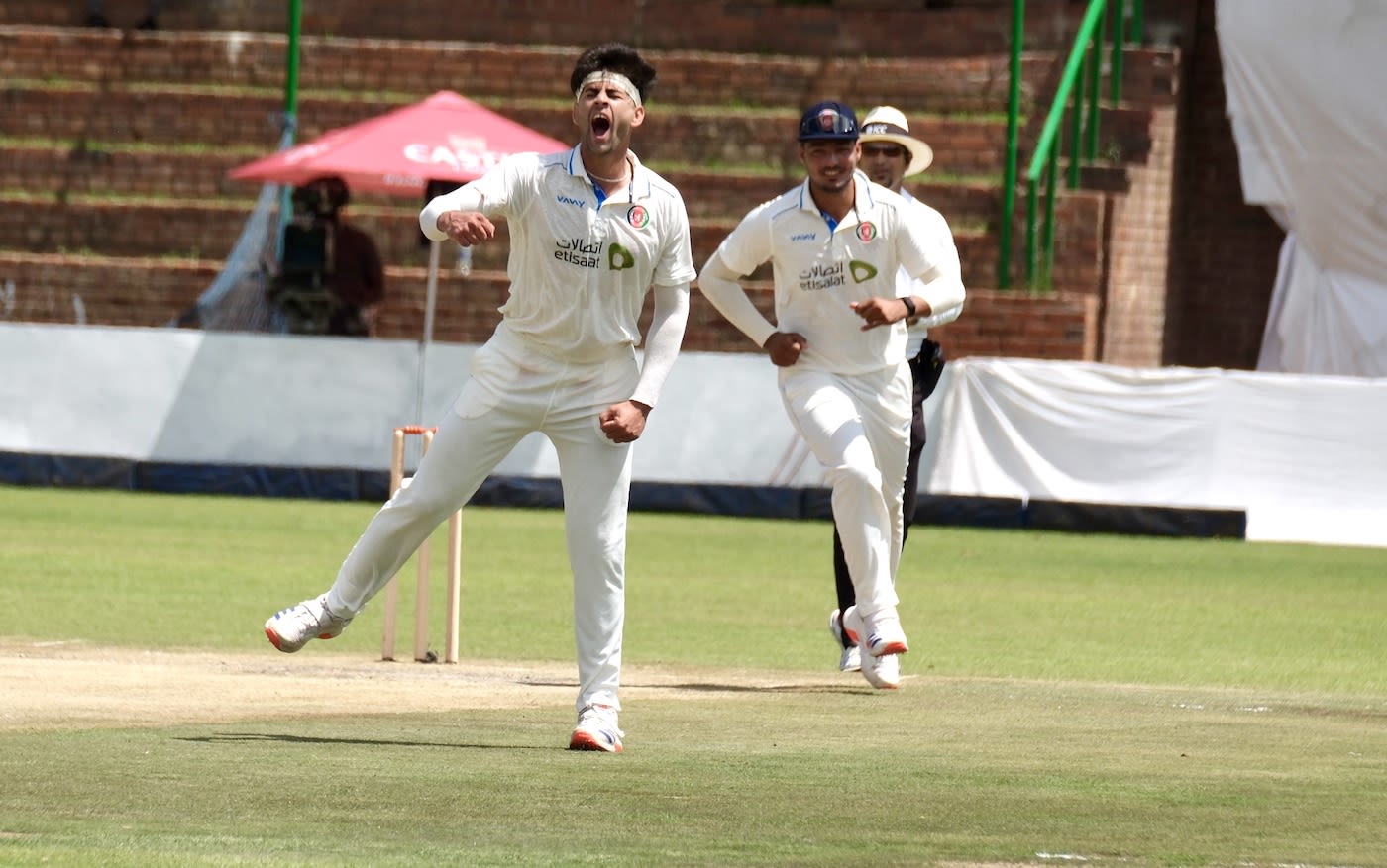 Naveed Zadran celebrates the wicket of Sean Williams