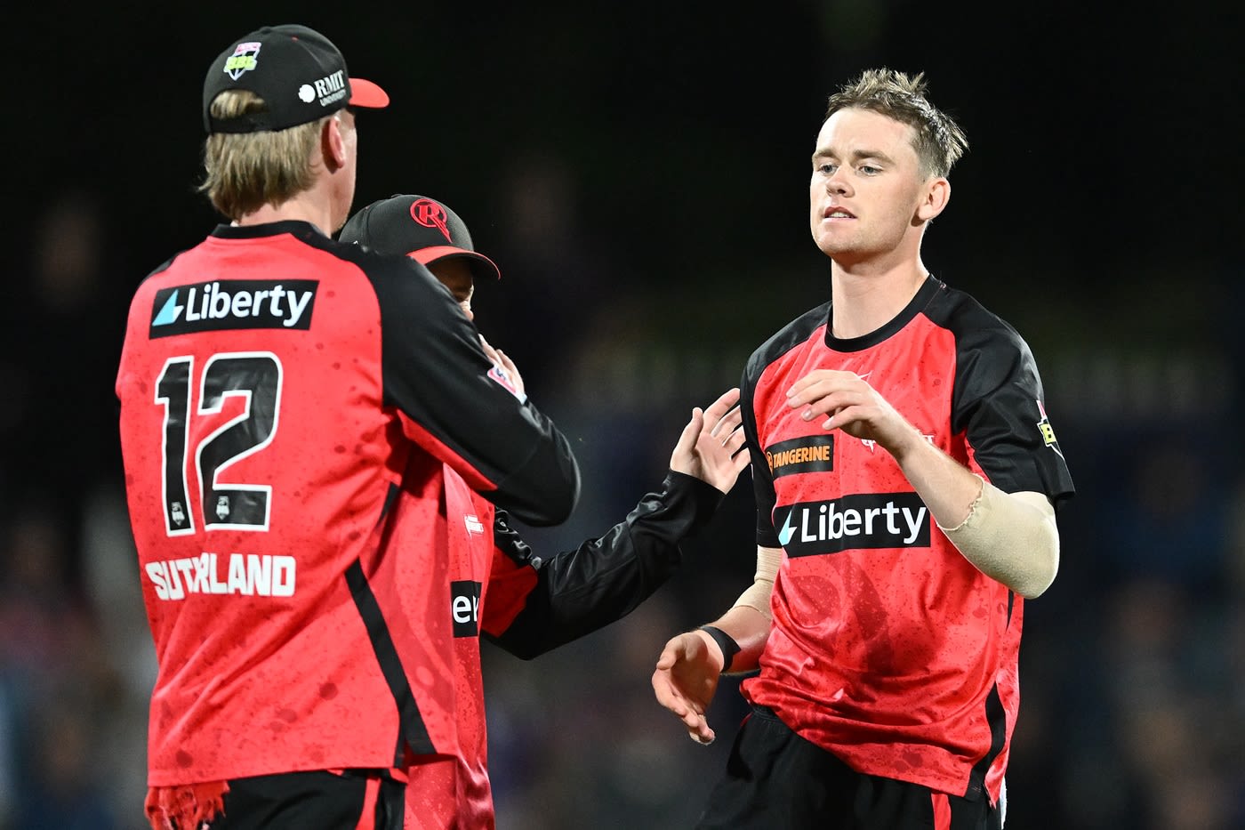 The Melbourne Renegades fielders celebrate the fall of a wicket