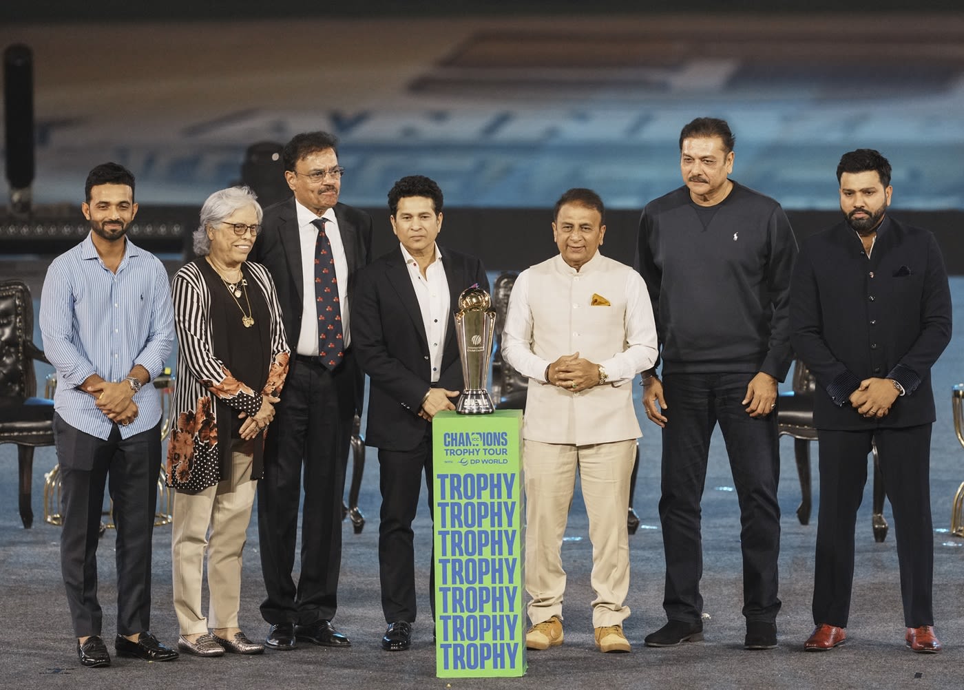 Ajinkya Rahane, Diana Edulji, Dilip Vengsarkar, Sachin Tendulkar, Sunil Gavaskar, Ravi Shastri and Rohit Sharma at the 50th anniversary celebrations of the Wankhede Stadium