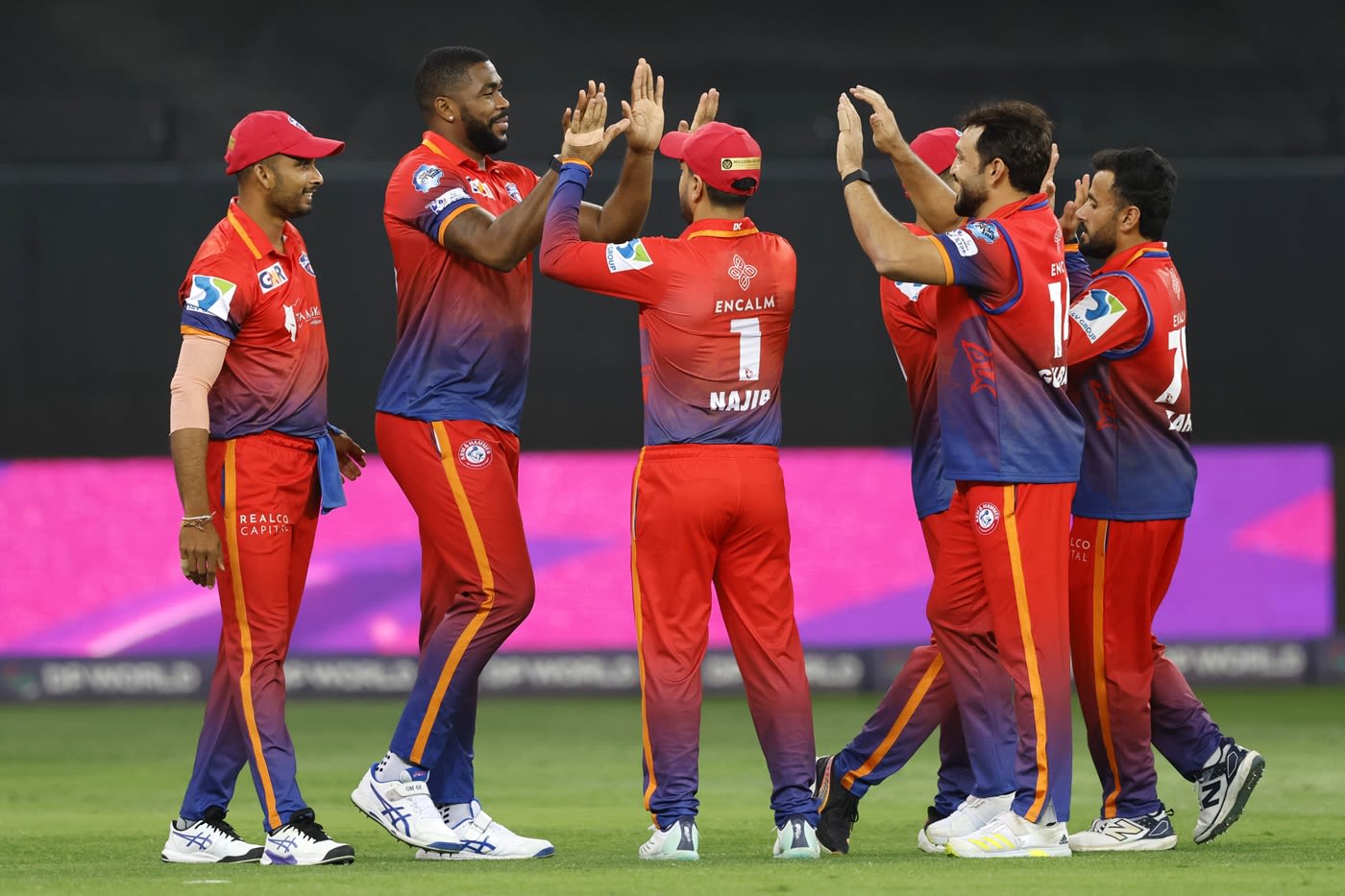 Obed McCoy celebrates a wicket
