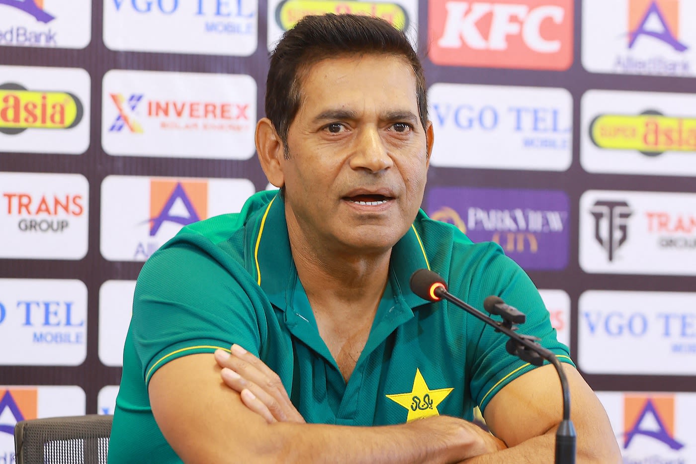 Pakistan head coach Aaqib Javed at a press conference in Multan