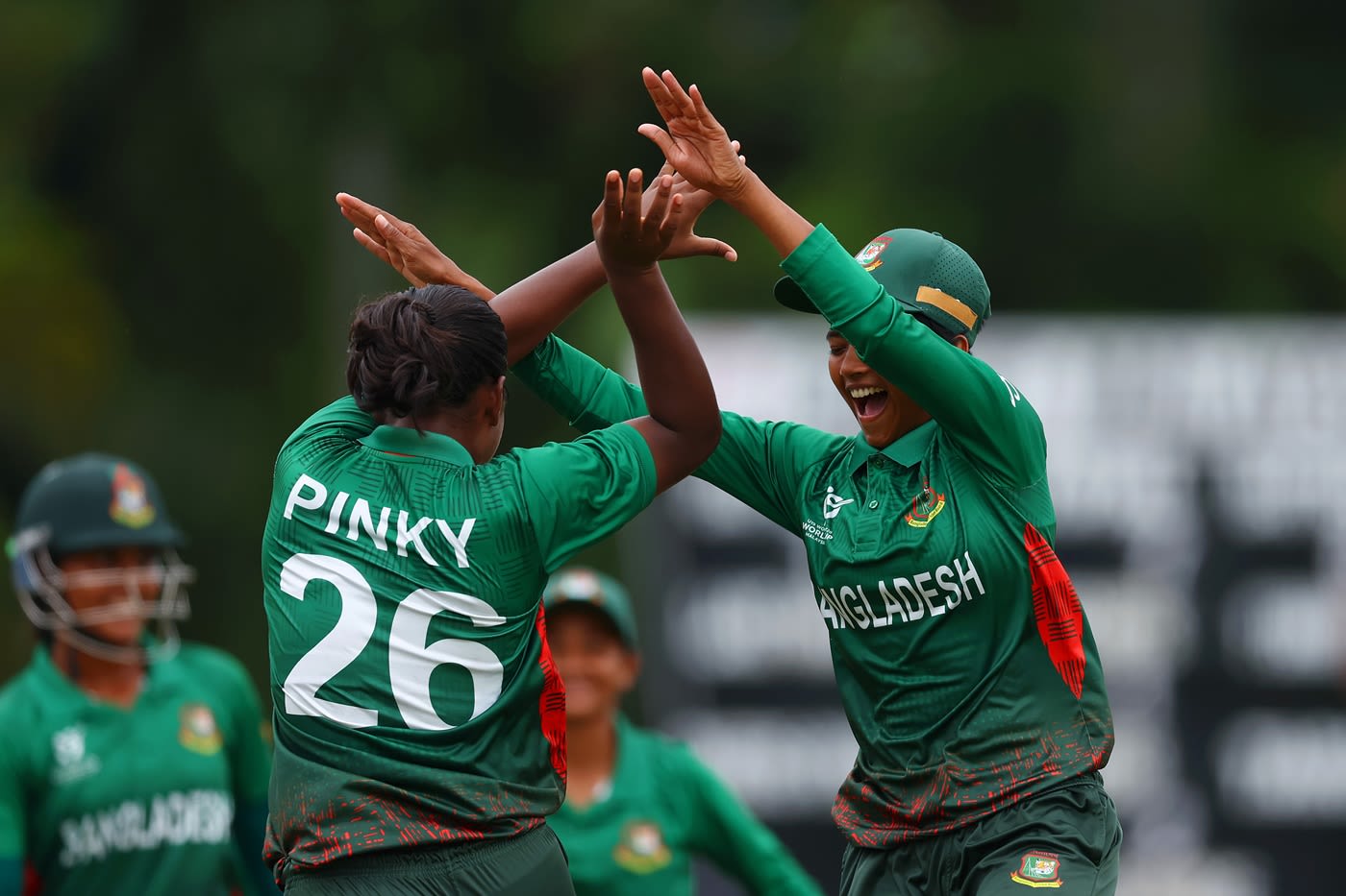 Habiba Islam celebrates a wicket with Sumaiya Akther