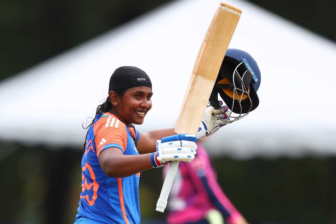 Gongadi Trisha of India celebrates the first ton in the history of the Women's U19 T20 World Cup