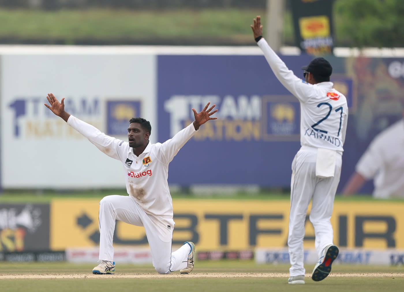 Nishan Peiris unsuccessfully appeals for an lbw