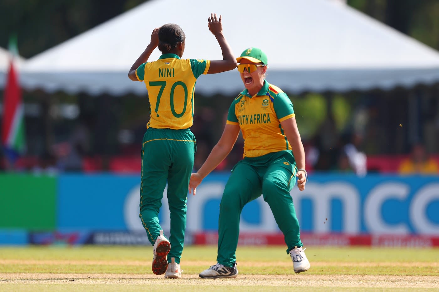 Nthabiseng Nini and Kayla Reyneke celebrate a wicket