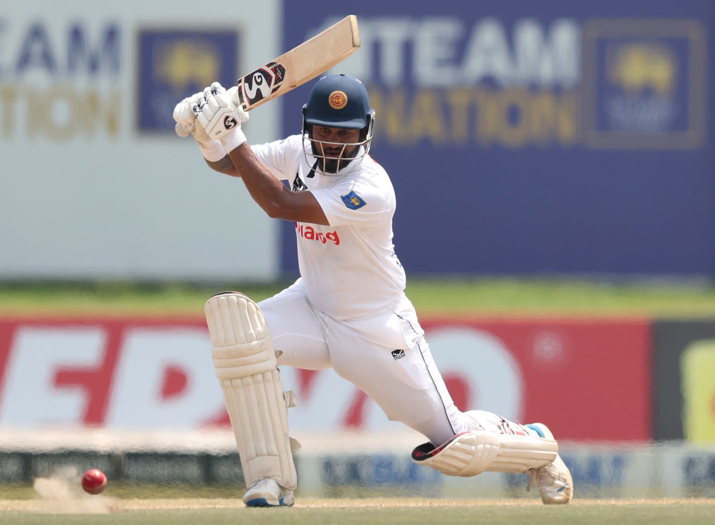 Dimuth Karunaratne drives in his final Test innings