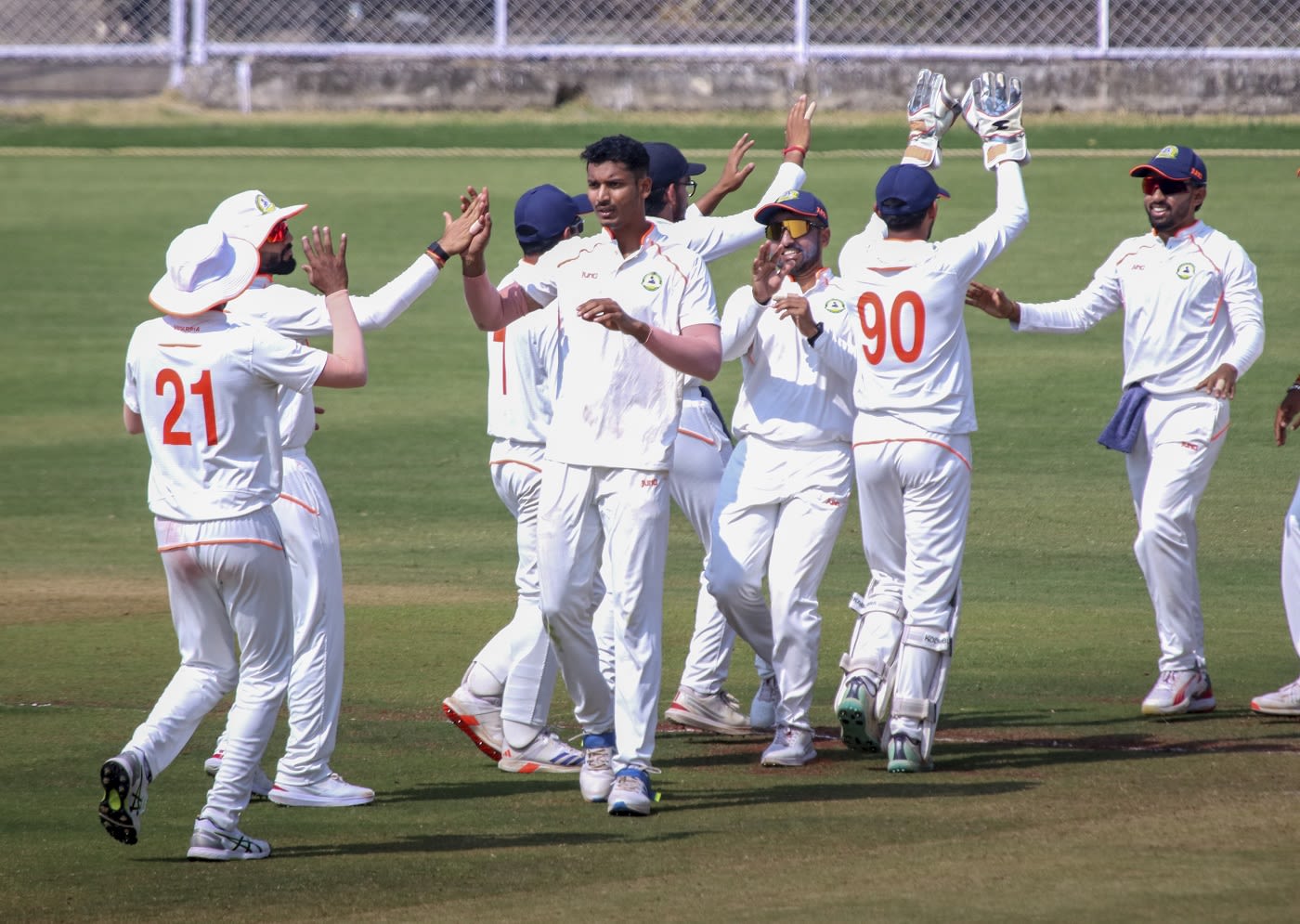 Nachiket Bhute celebrates N Jagadeesan's wicket with his team-mates