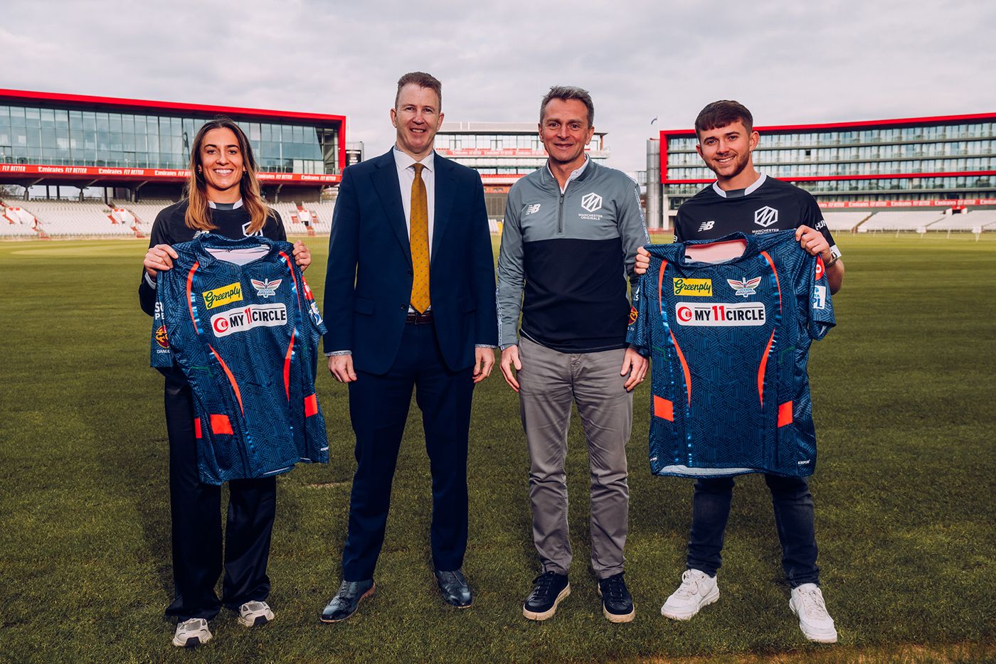 Fi Morris, Daniel Gidney, James Sheridan and Matty Hurst pose with Lucknow Super Giants shirts