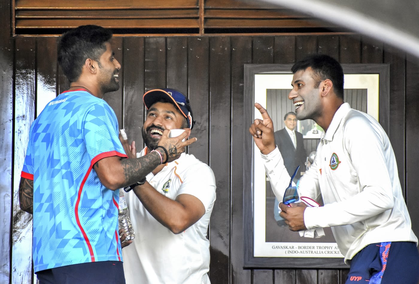 Suryakumar Yadav, Karun Nair and Akshay Wakhare share a lighter moment