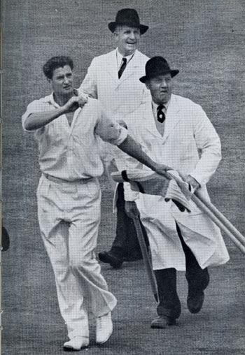 Keith Miller tosses the bails into the crowd after his final Test at Lord's