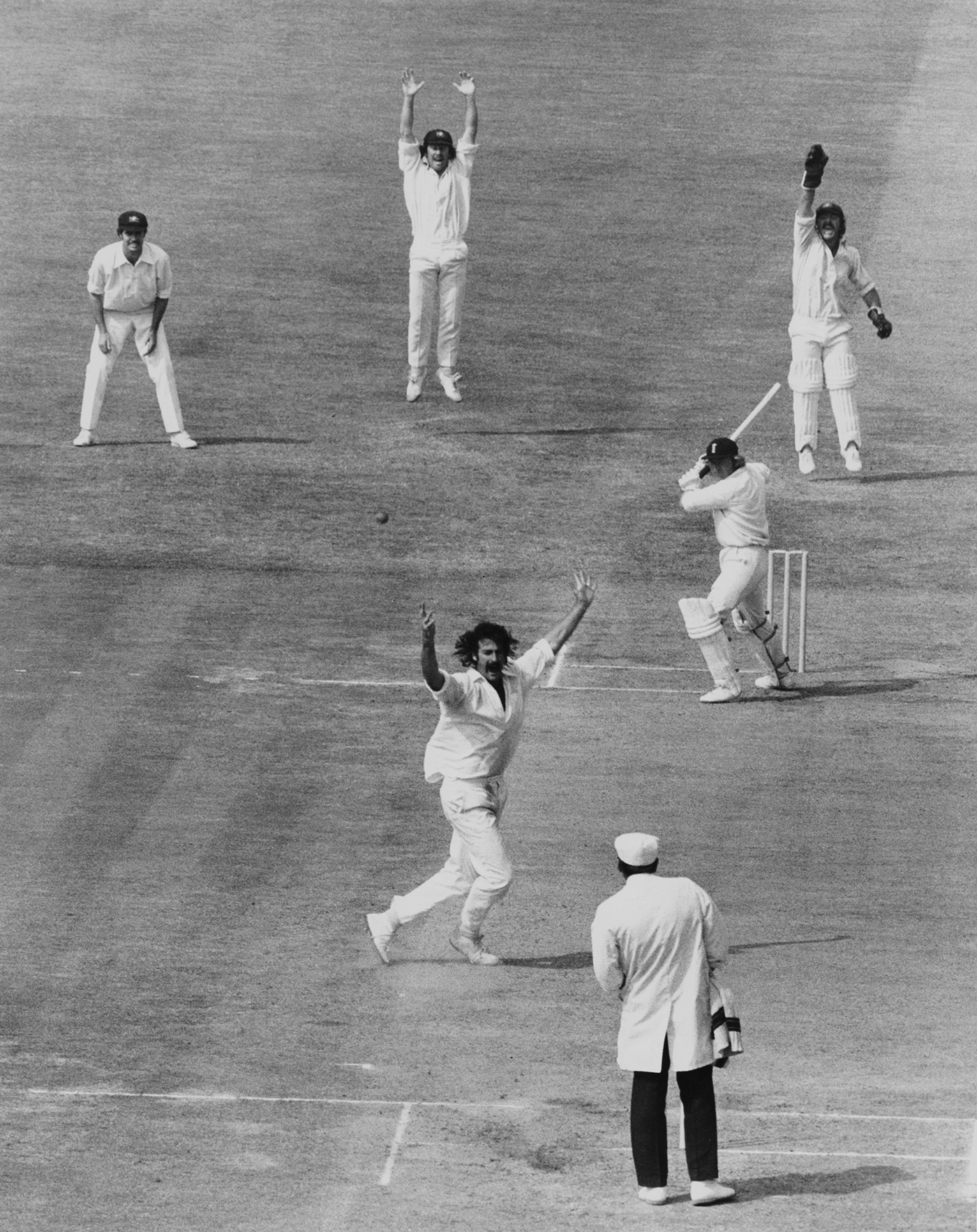 Dennis Lillee and Australia's fielders appeal for Barry Wood's wicket