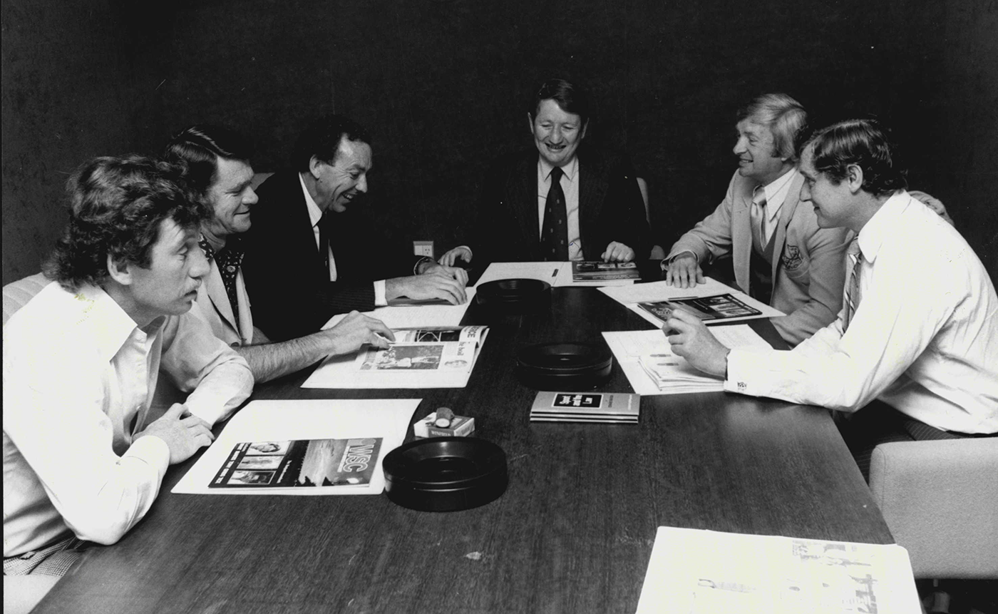 Ian Chappell, John Gleeson, Geoffrey Forsaith, Andrew Caro, Richie Benaud and Bob Cowper attend the World Series Cricket governing committee meeting in Sydney