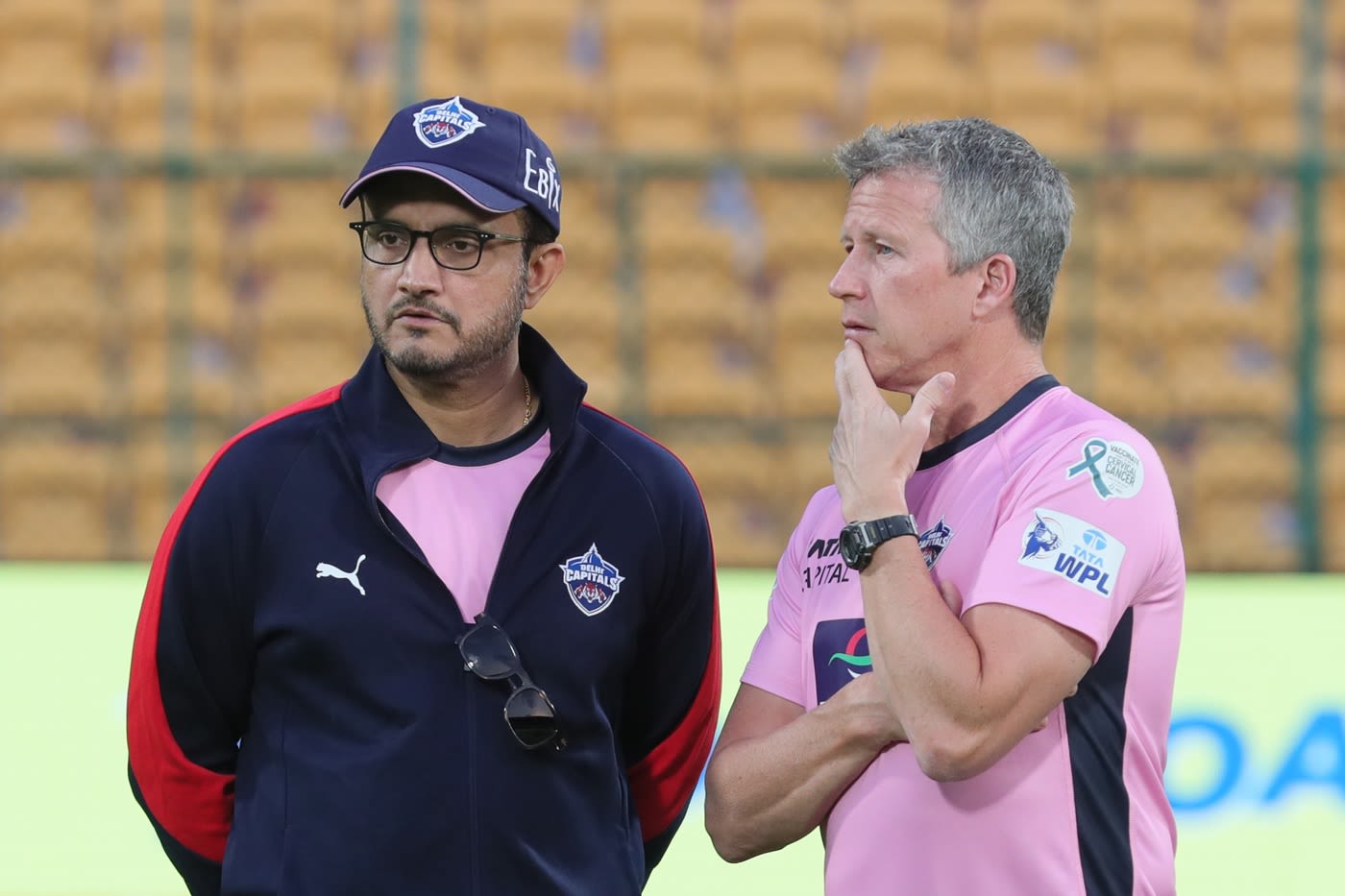 Delhi Capitals director Sourav Ganguly and head coach Jonathan Batty supervise training