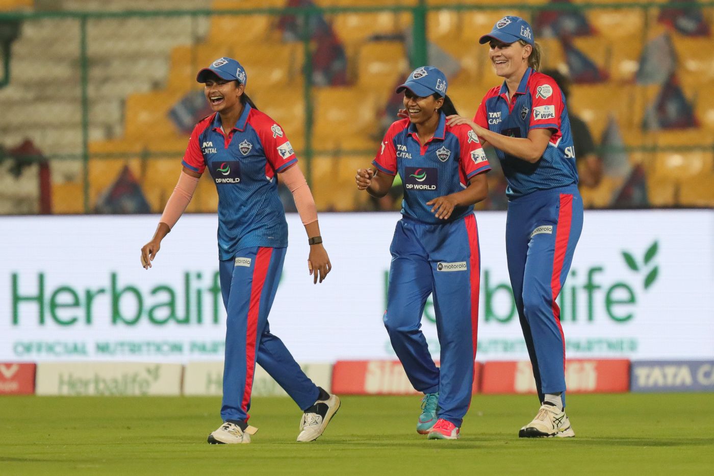 Niki Prasad is congratulated by team-mates after catching a skier to send back Kashvee Gautam