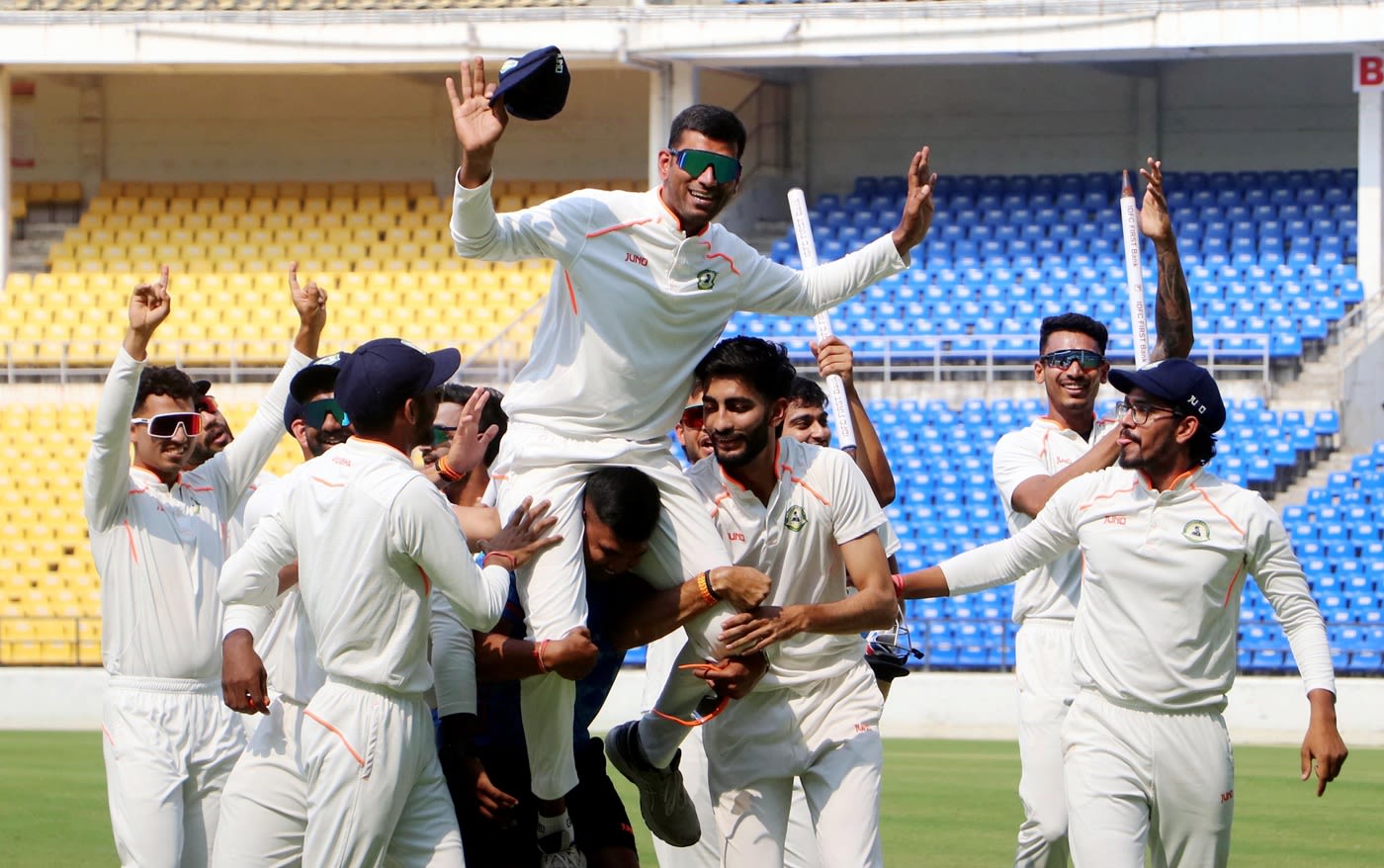 The Vidarbha players lift Akshay Wakhare on their shoulders