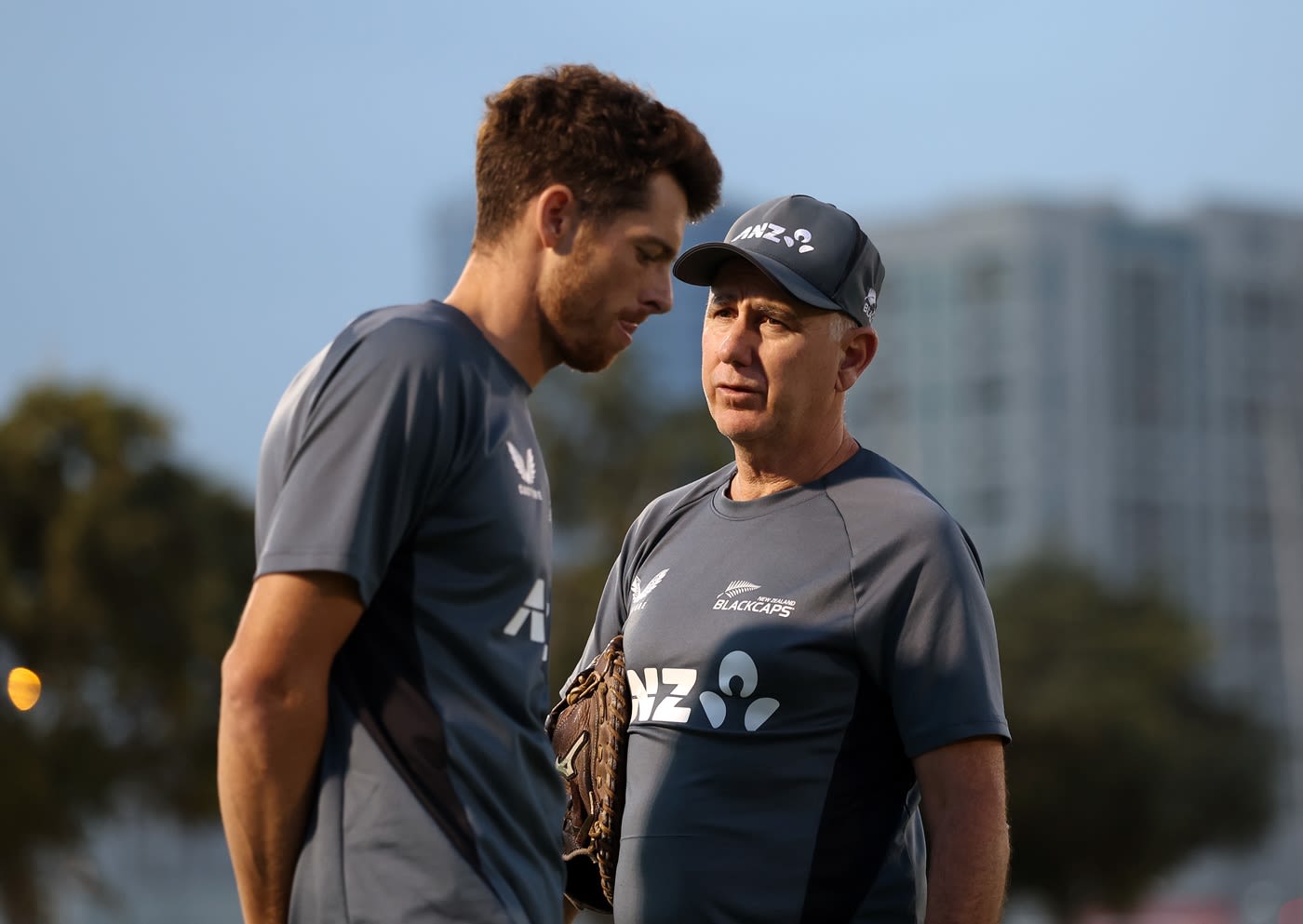 Mitchell Santner and Gary Stead at a training session