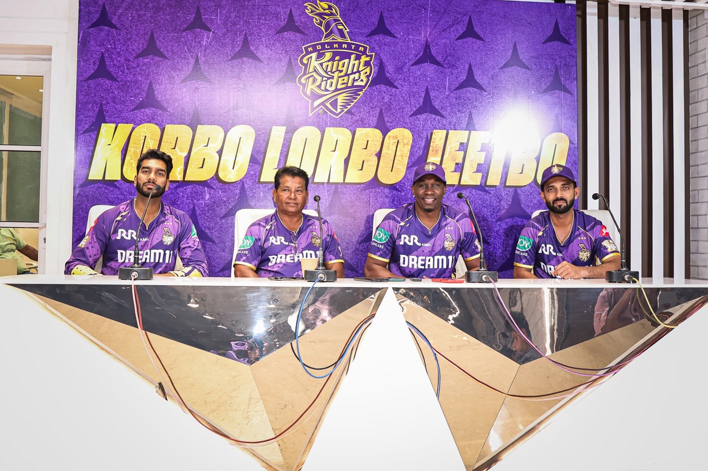 Venkatesh Iyer, Chandrakant Pandit, Dwayne Bravo and Ajinkya Rahane address a press conference