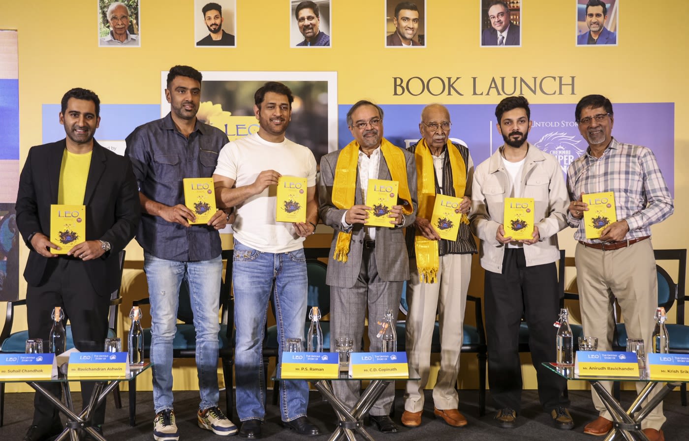 R Ashwin, MS Dhoni, CD Gopinath, K Srikanth with musician Anirudh Ravichander during a book launch in Chennai