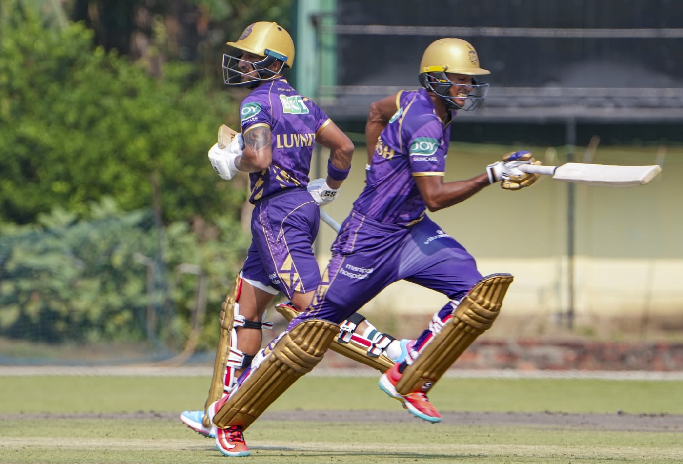 Luvnith Sisodia and Angkrish Raghuvanshi run between the wickets during a practice game