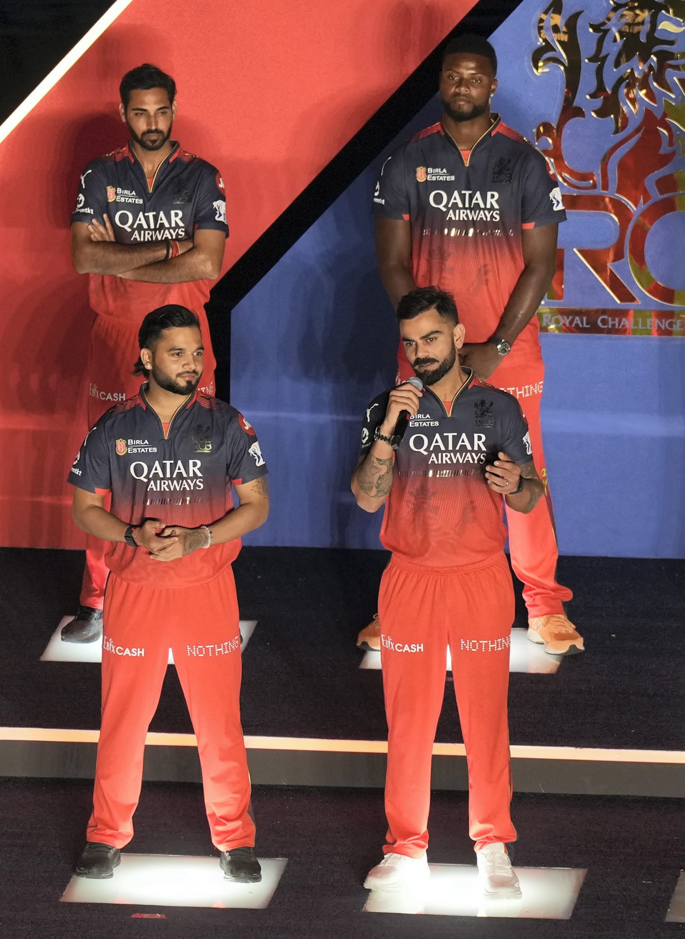 Bhuvneshwar Kumar, Romario Shepherd, Suyash Sharma and Virat Kohli at RCB unbox event