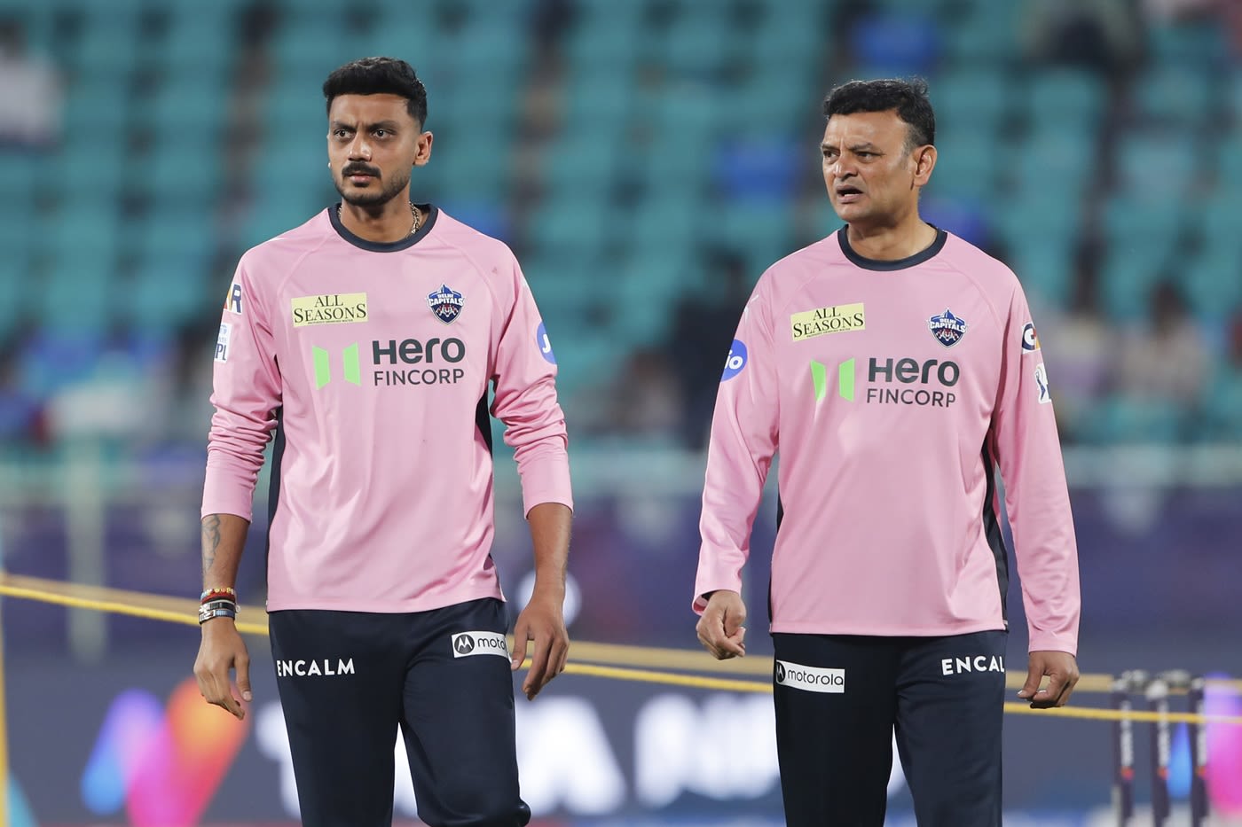 Delhi Capitals captain Axar Patel and head coach Hemang Badani supervise training