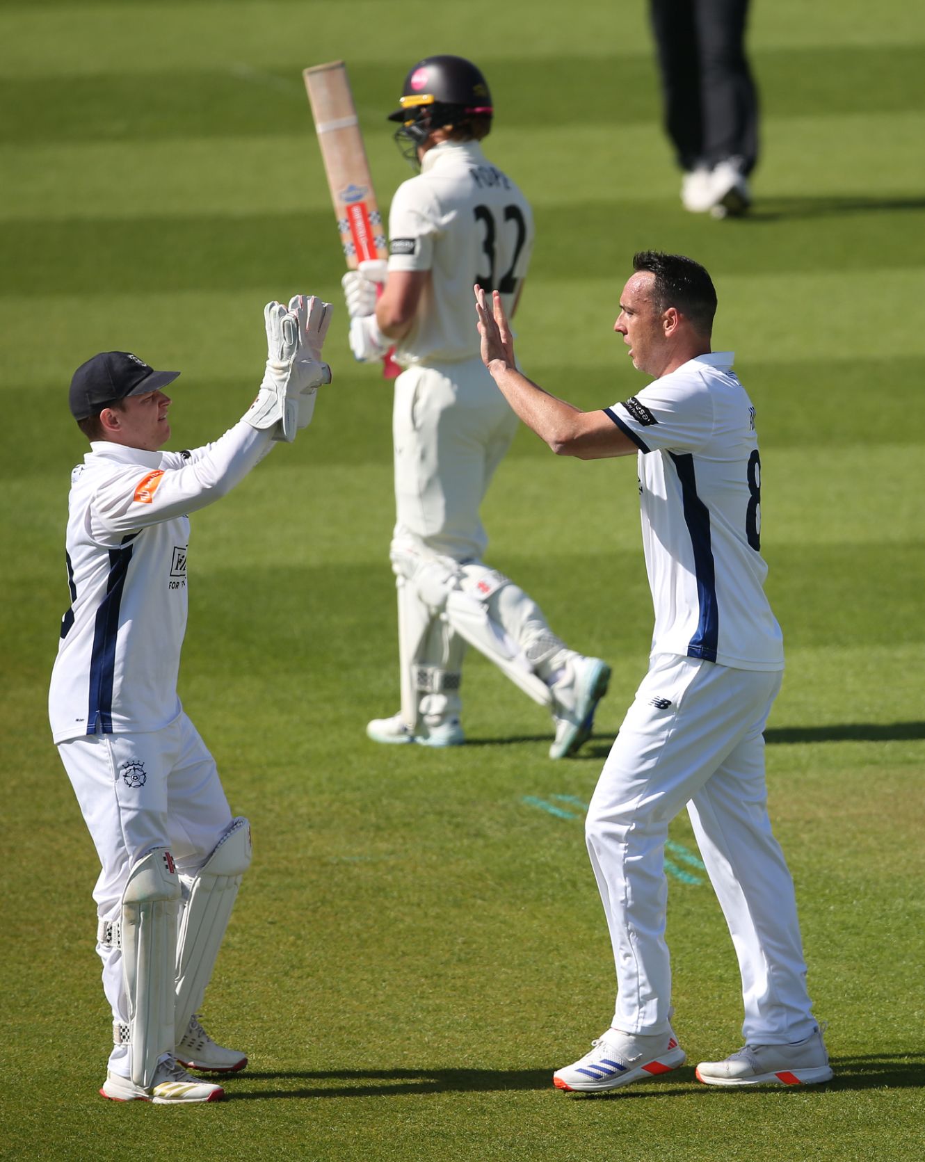 Kyle Abbott celebrates the wicket of Ollie Pope