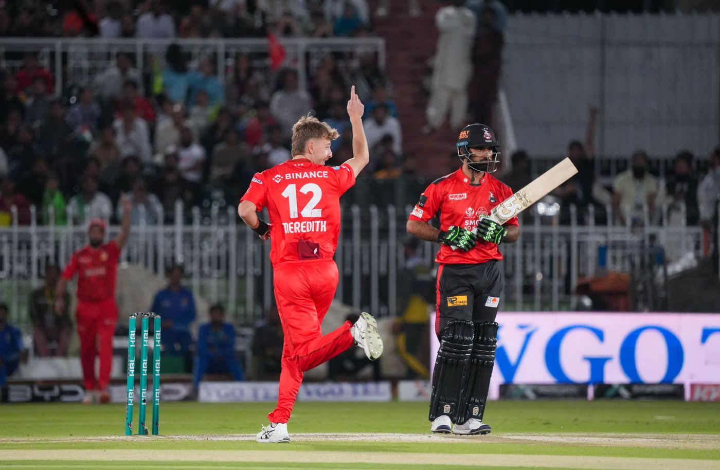 Riley Meredith had Fakhar Zaman caught behind in his first over
