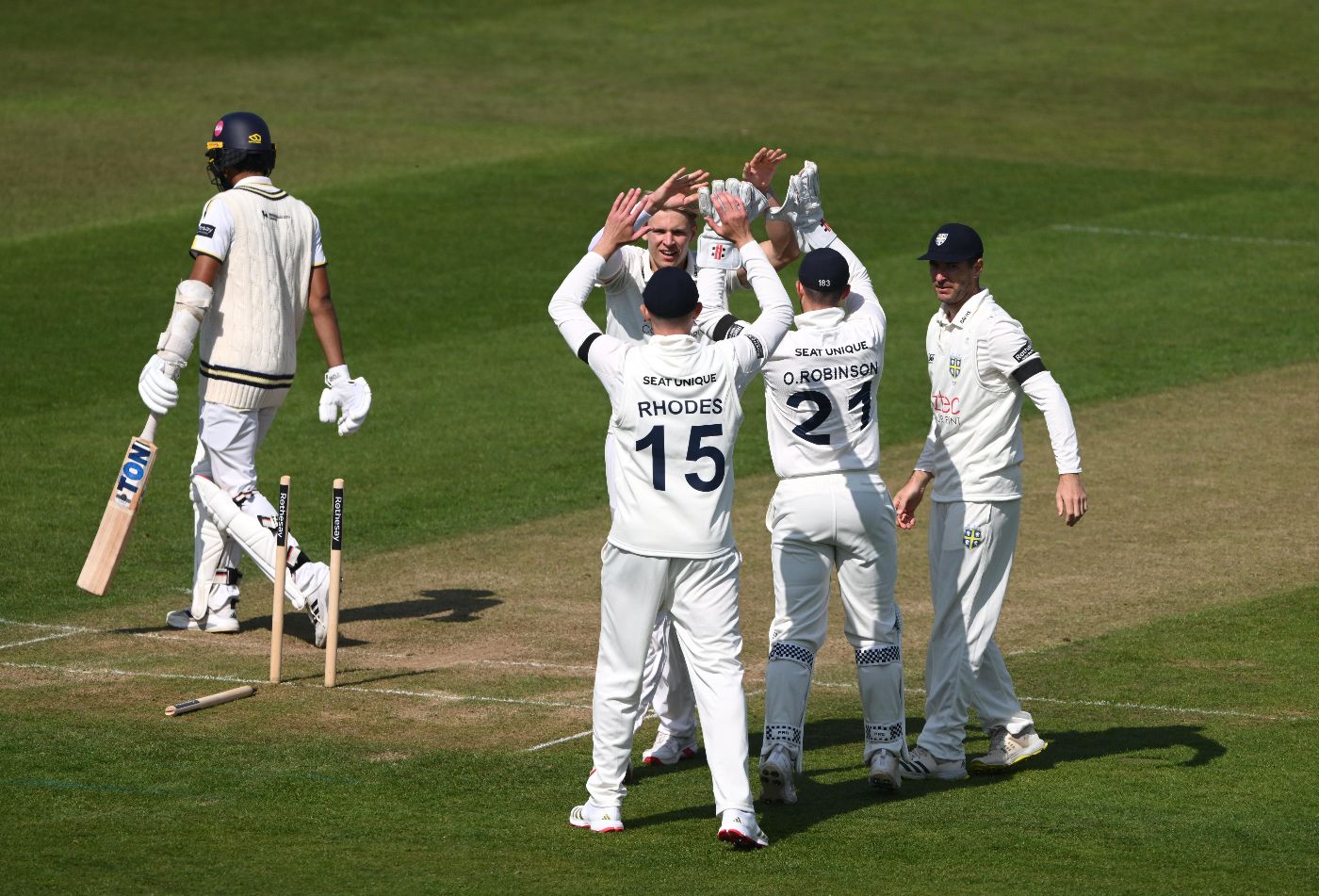 Hamza Shaikh was bowled by Daniel Hogg for a duck