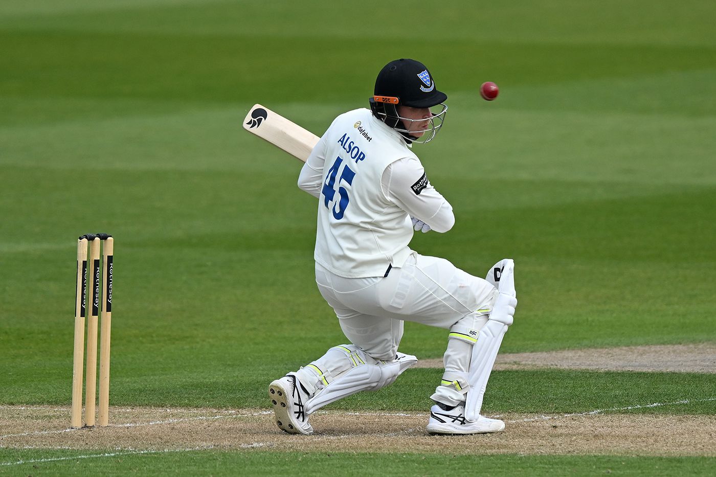 Tom Alsop ducks a short delivery