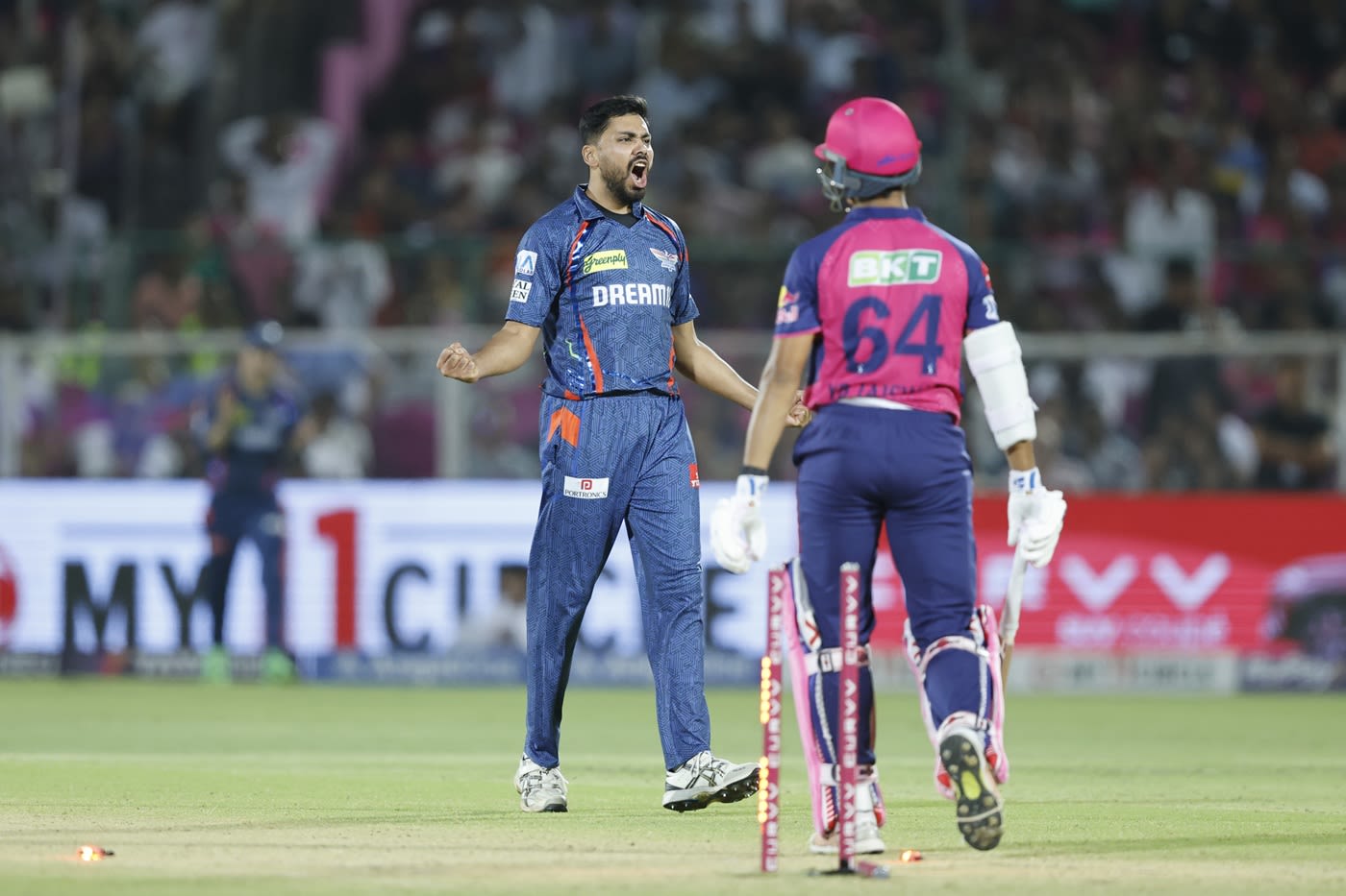 Avesh Khan is pumped after flattening Yashasvi Jaiswal's poles