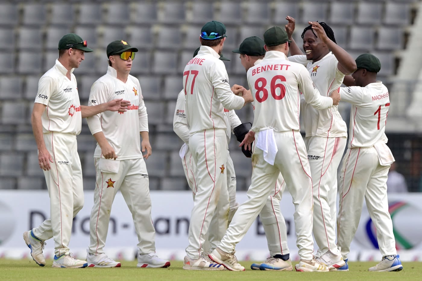 Victor Nyauchi celebrates after dismissing Mominul Haque