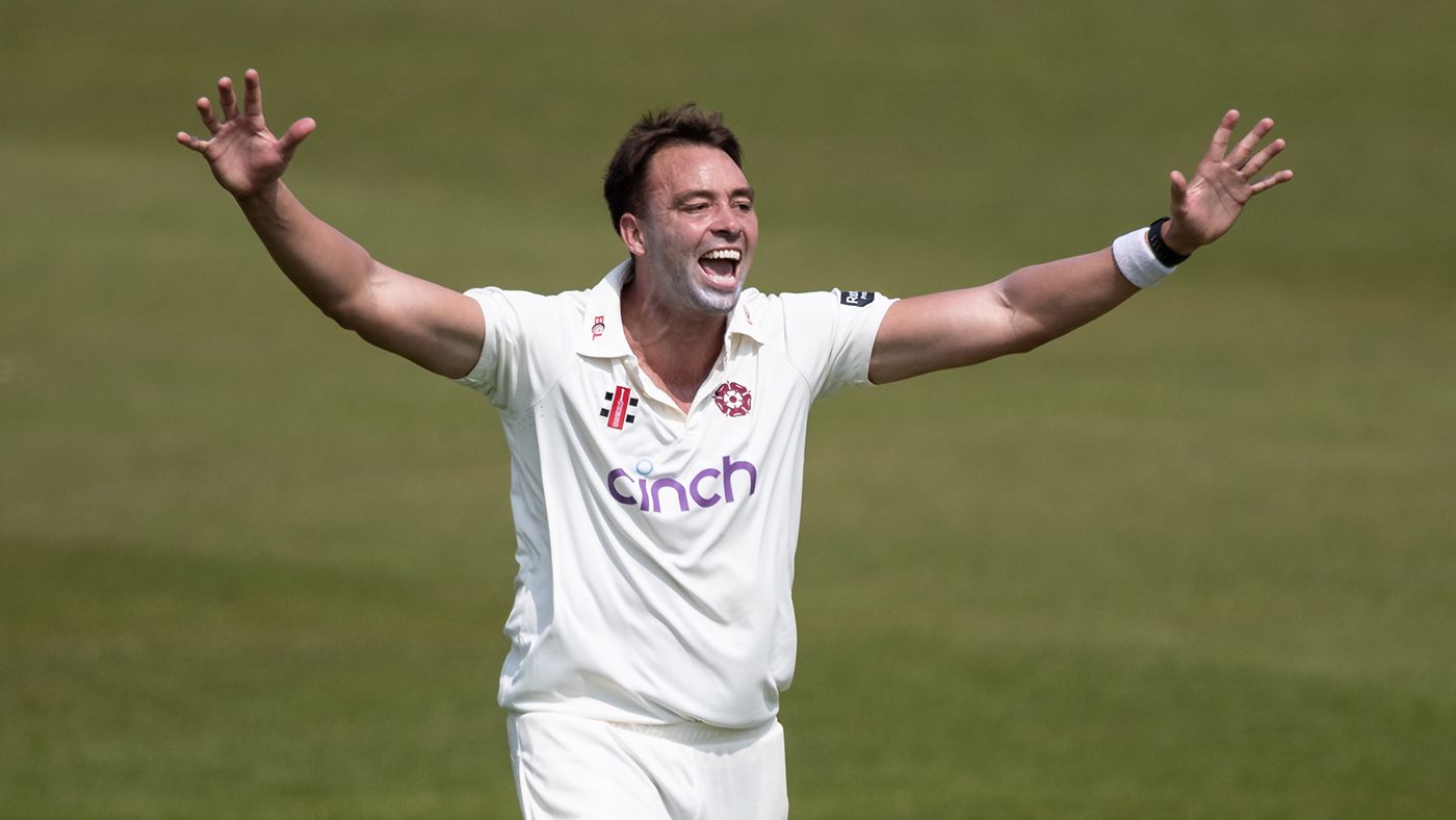 Harry Conway celebrates a wicket on debut
