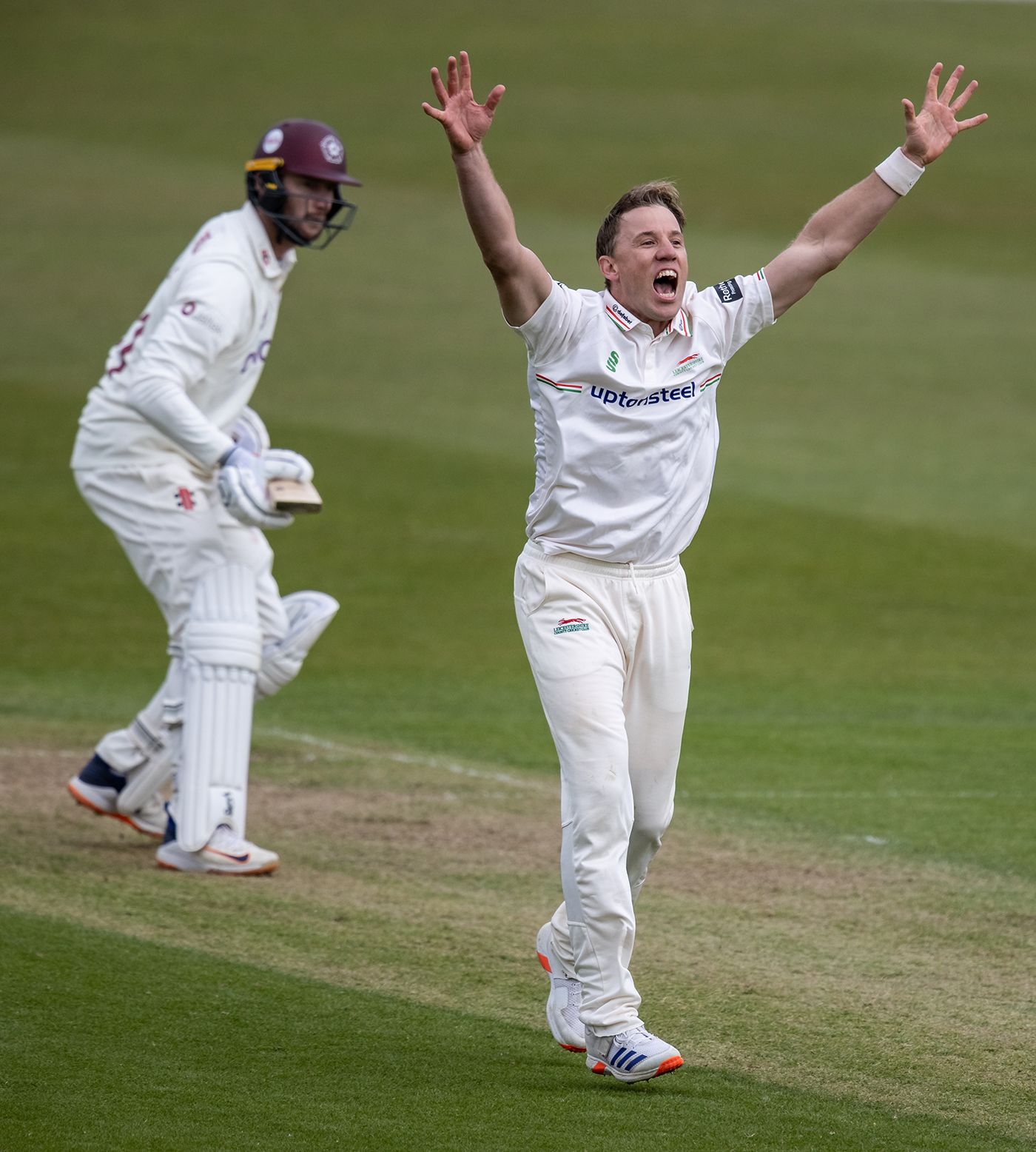 Logan van Beek appeals for lbw