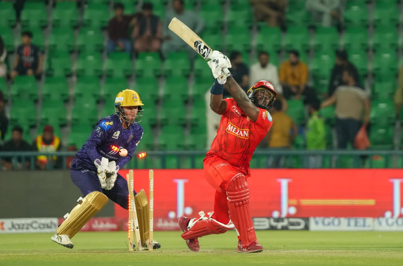 Kyle Mayers was bowled by Abrar Ahmed