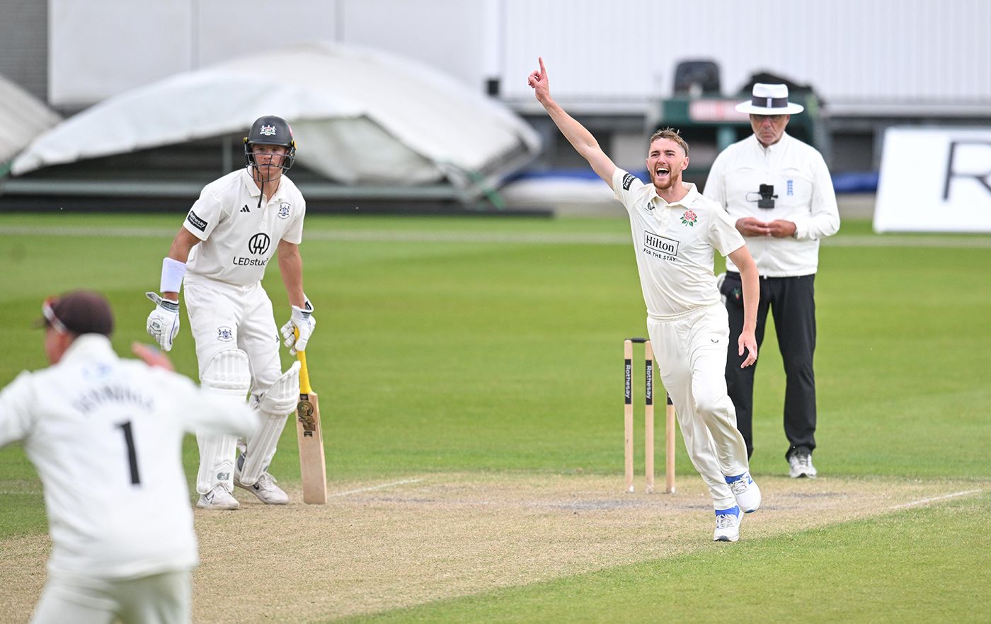 George Balderson after taking his hundredth first-class wicket (Cameron Bancroft)
