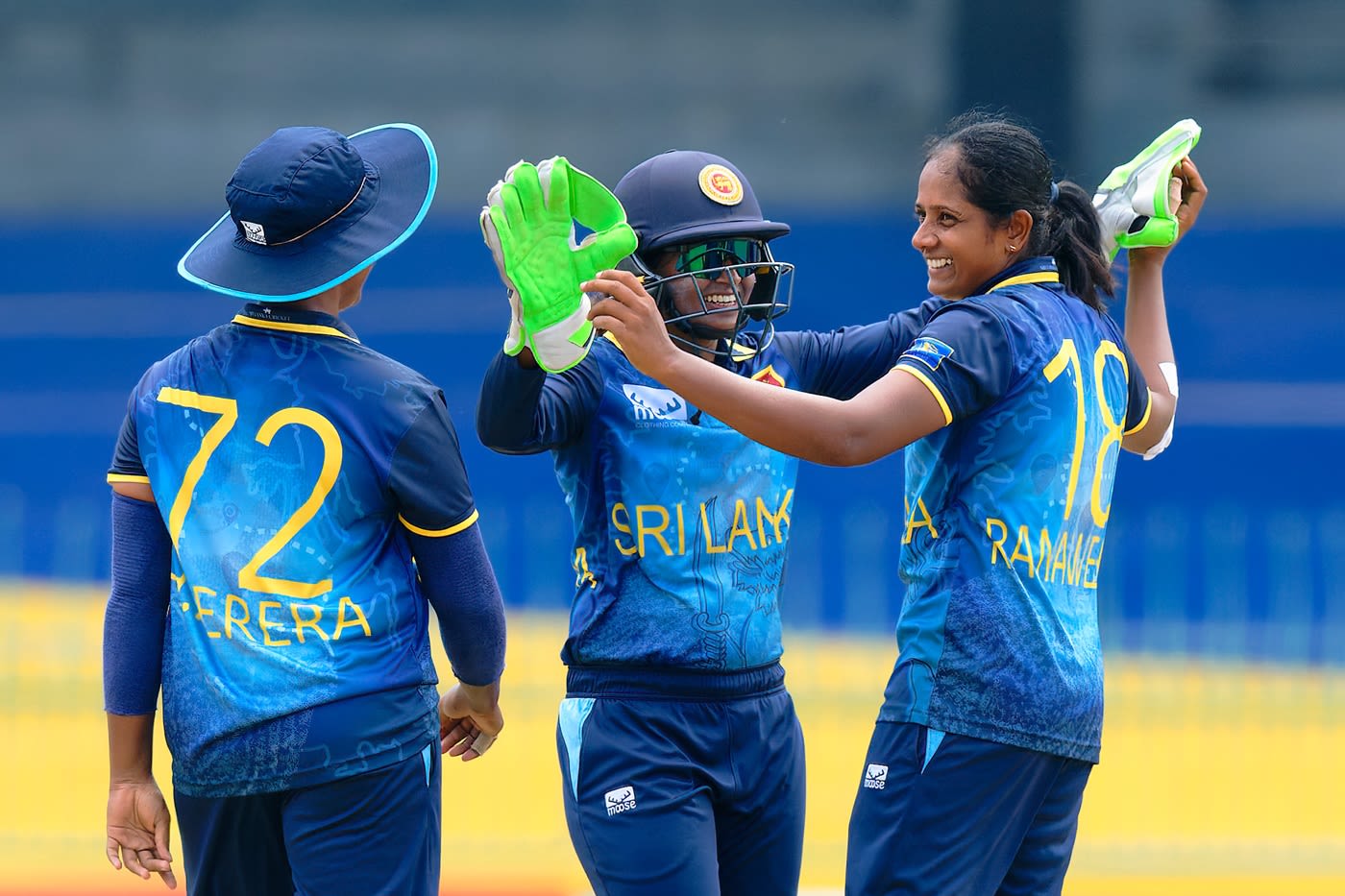Inoka Ranaweera celebrates Pratika Rawal's wicket