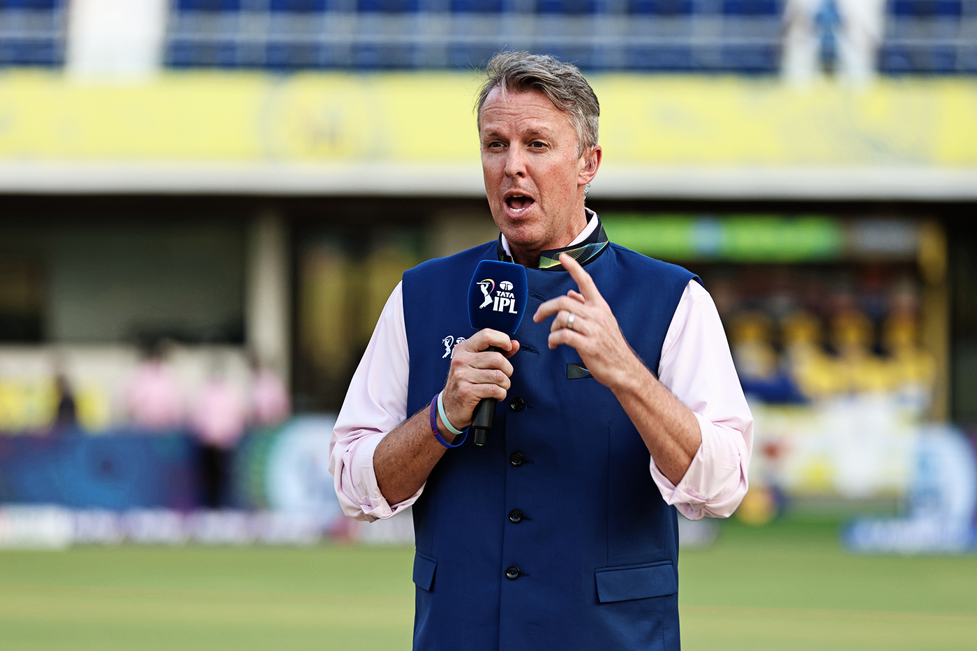 Graeme Swann commentates at the 2025 IPL