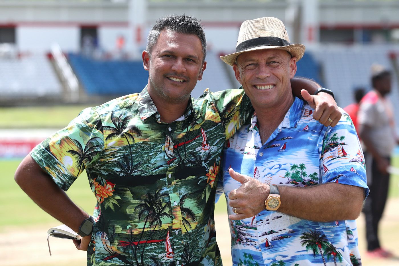 Daren Ganga and Danny Morrison pose for the cameras before a match