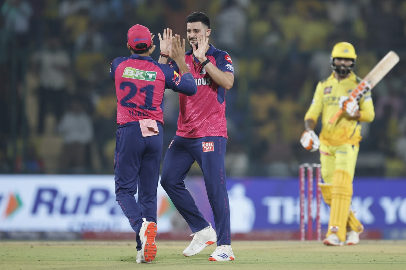 Yudhvir Singh celebrates after getting rid of Ravindra Jadeja