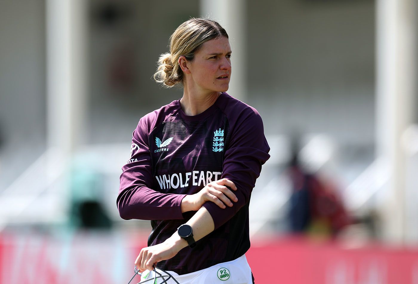 Paige Scholfield waits to bat in the England nets