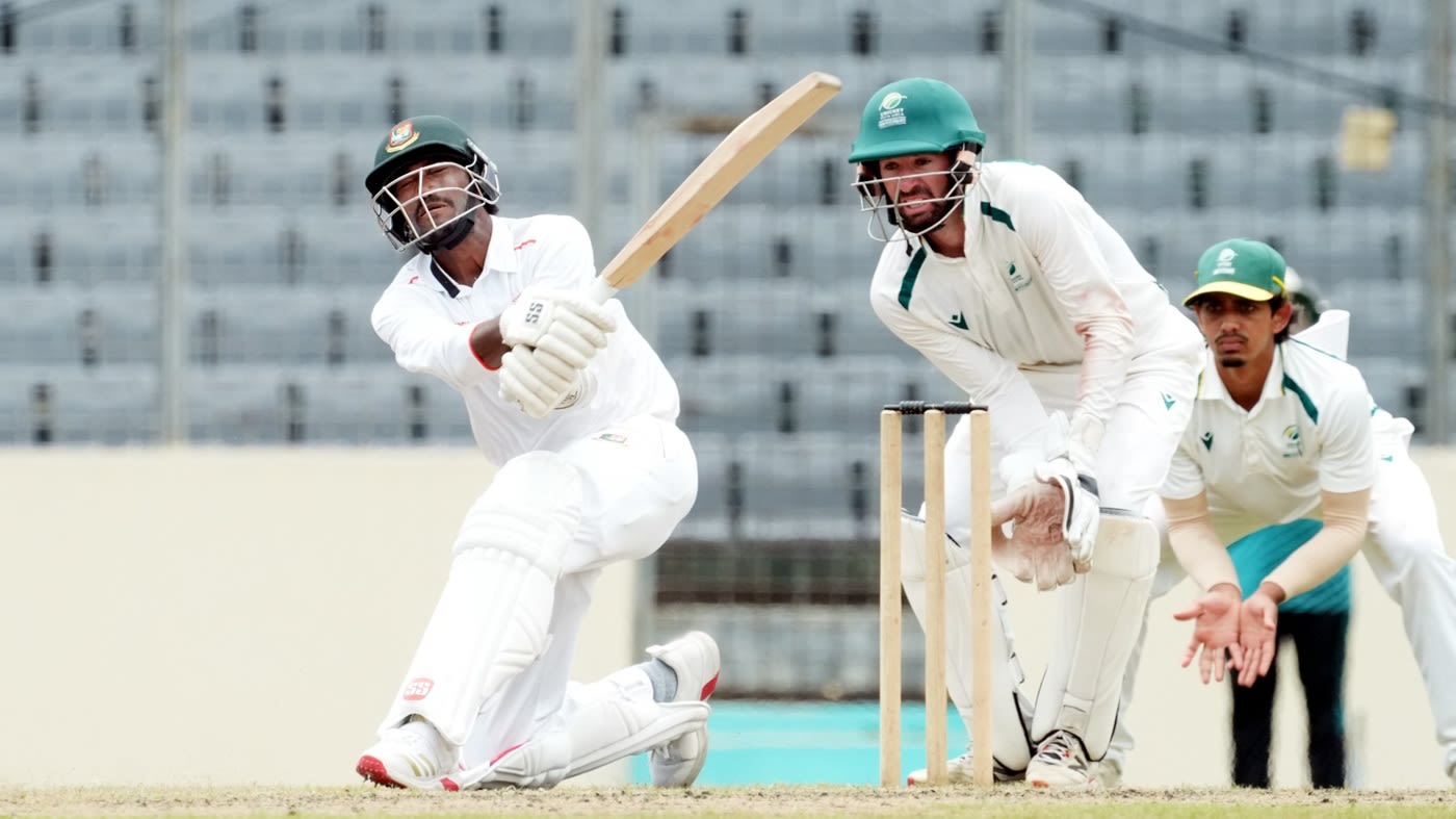 Ripon Mondol plays a shot against South Africa Emerging