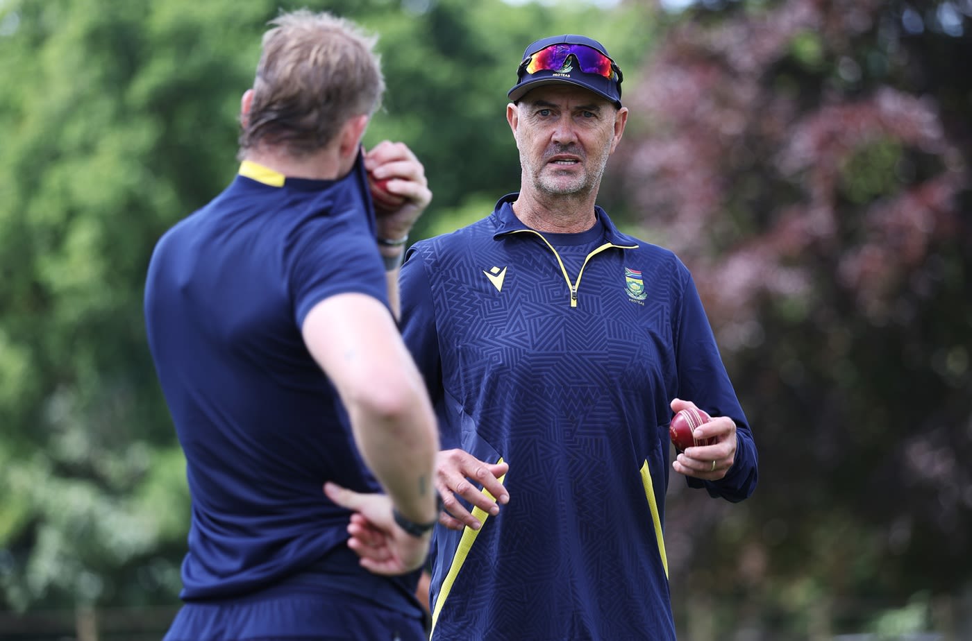 South Africa's bowling coach Piet Botha speaks to Corbin Bosch