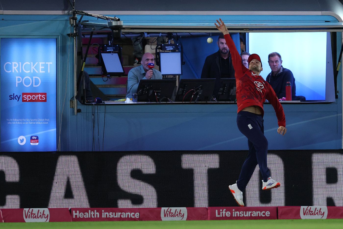 Will Jacks leaps as Mark Butcher commentates on another six for Sky Sports
