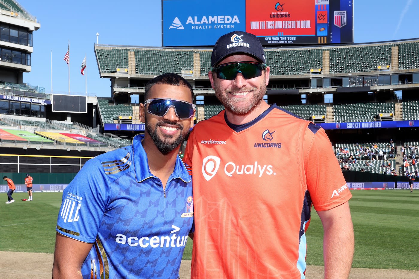 Nicholas Pooran and Corey Anderson, the captains, strike a pose