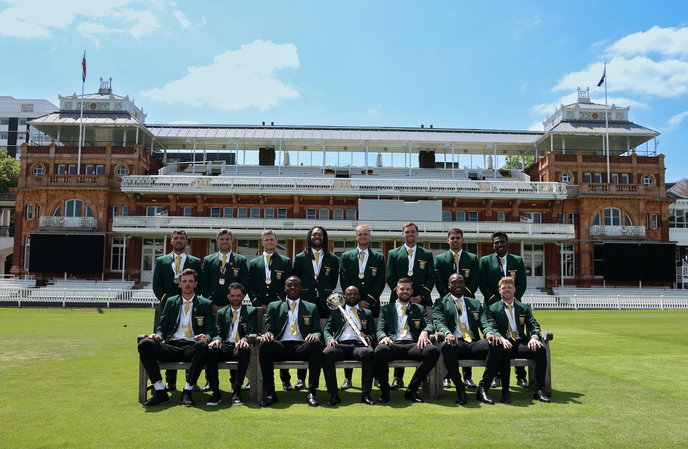 Temba Bavuma and Co pose with the WTC mace
