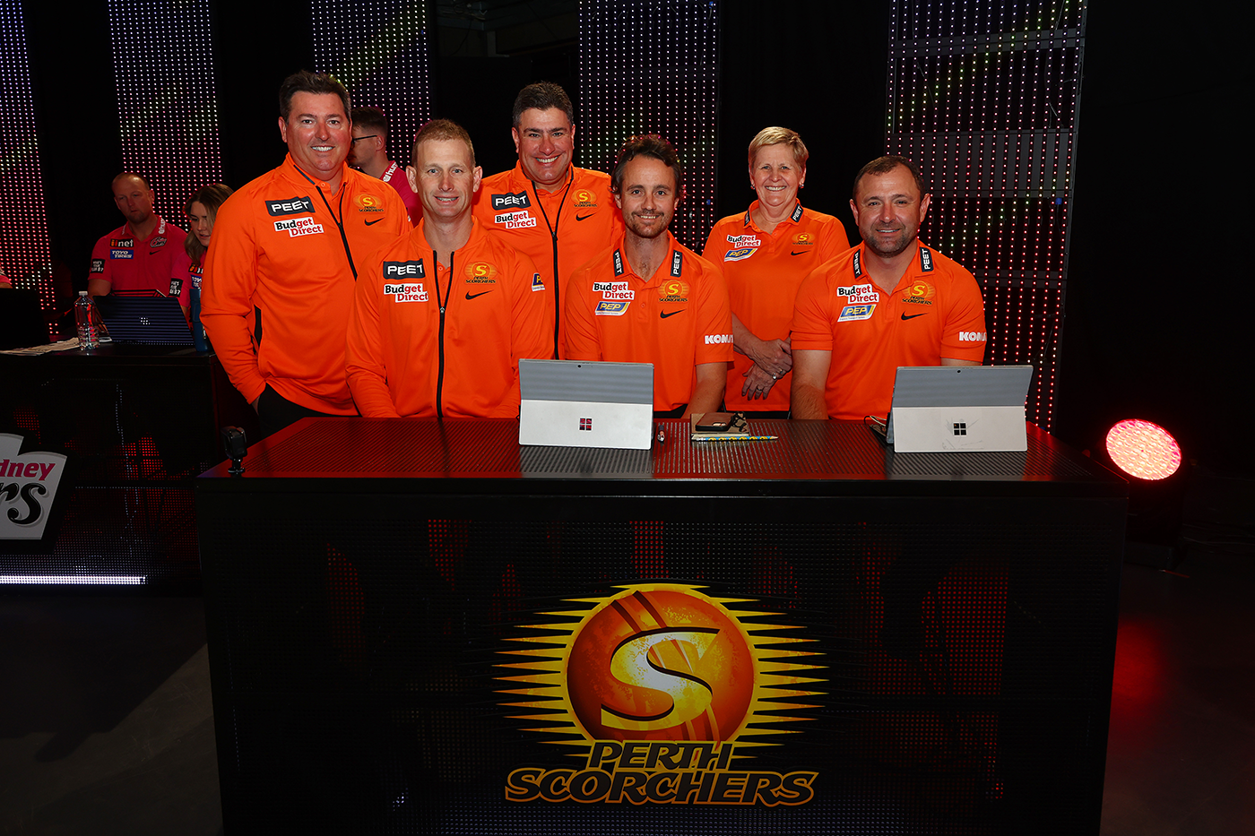 David Fitzgerald, Adam Voges, Justin Michael, Beau Casson, Christina Matthews and Kade Harvey of the Perth Scorchers attend the BBL draft